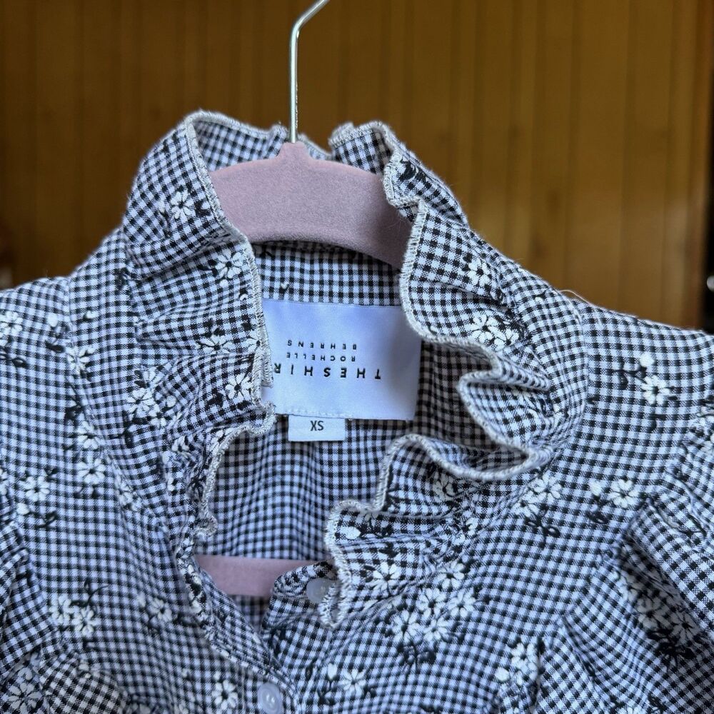 The Shirt Rochelle Behrens Floral Button Down XS Frilled Shirt Top Black White - Picture 7 of 12